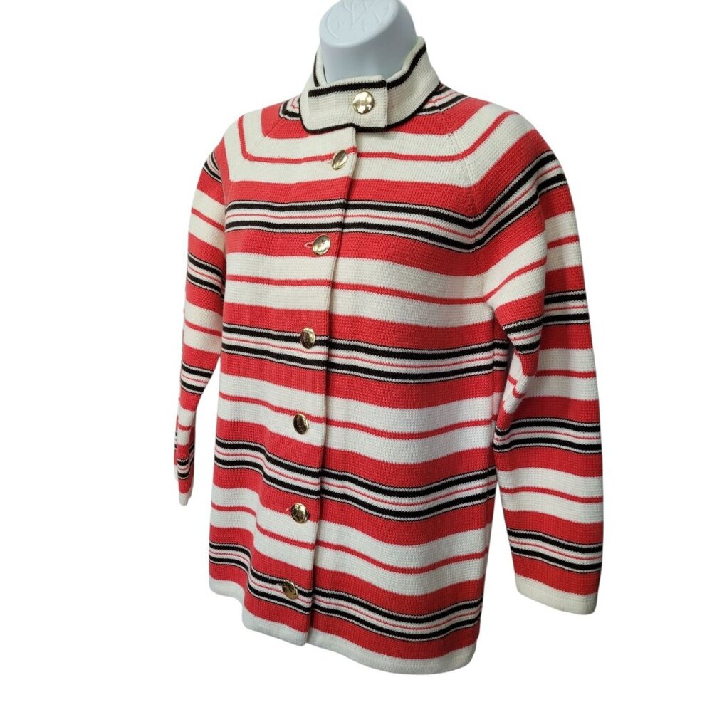 Vintage Full Fashioned Hand Loomed Womens Sweater S/M Coral White Black Stripe - Picture 4 of 14